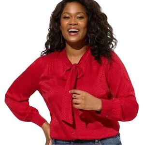 NWT Torrid Satin Jacquard Tie Neck Button Up Red Blouse - Size 1X